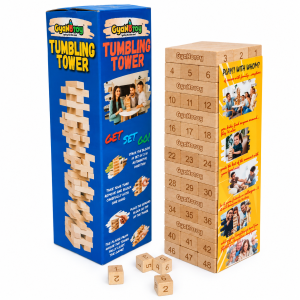 Tumbling Tower Numbered with Dice – Wooden Stacking Game for Family & Kids