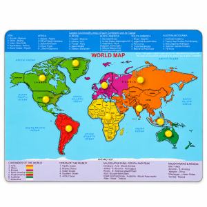 Wooden World Map Puzzle with Knobs – Educational Multicolor Geography Toy for Kids